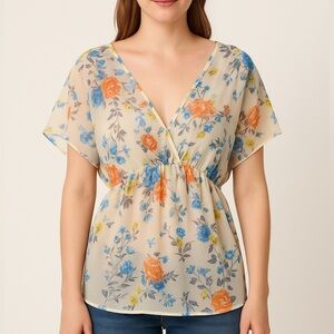💸CLEARANCE 4 for $15💸 Orange and Blue Flutter Sleeve Floral Blouse